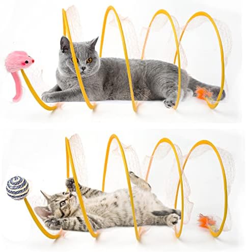 2-Pack Large Cat Tunnel Beds - Indoor & Outdoor,Kitten Collapsible Spring Tunnel Toy with Feather and Bell,Interactive Spring Toys for Cats & Kittens（Yellow） by TEASIK