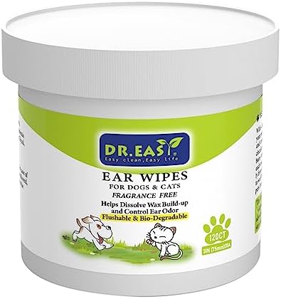 Dr.Easy Pet Ear Wipes 120ct for Dogs & Cats,No Fragrance,Helps Dissolve Wax Build-Up and Control Ear Odor,flushable Gentle Soft and high Absorbency,Lock in Liquid,Stop Ear Itching,Natural Cleansing. by DREASY