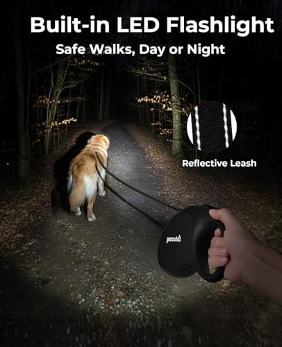 Pecute Retractable Dog Leash with Flashlight, 26ft Heavy Duty Retractable Pet Leash with Light, One-Button Control, Anti-Twist Protection, Reflective Leashes for Medium Large Pets Dogs Up to 110 lbs - Image 2
