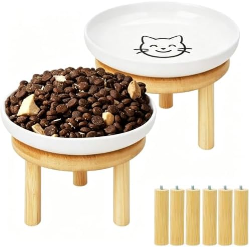 Elevated Cat Bowls with Bamboo Stand, Ceramic Raised Cat Bowl Set of 2, 5.9 Inch Whisker Friendly Anti Vomiting Cat Food Bowls for Dry and Wet Food by Lfpkixise
