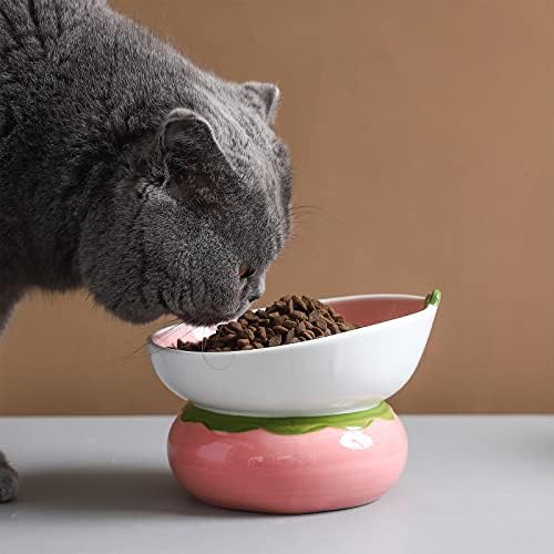 Ceramic Raised Cat Bowl, Pink, Strawberry Shaped - Image 3