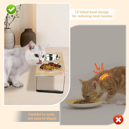 Elevated Cat Bowl, 2 PCS 15°Tilted Cat Bowl Stand with 2 Stainless Steel Bowls for Indoor Cats and Pet, Raised Cats Bowls for Food and Water - Image 2