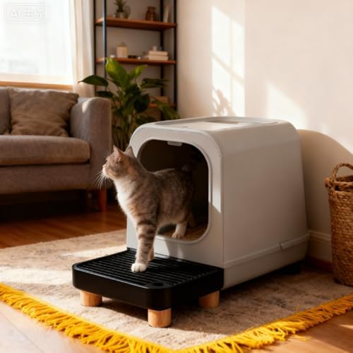 Litter Box Step, Litter Box Ramp/Catcher with Wooden Base，Pet Step Stool for Filter Function, Easy to Clean,Ideal for Kitten/Elderly Cats(Black) - Image 6