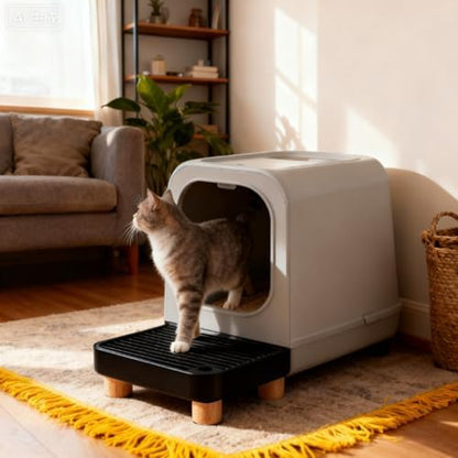 Litter Box Step, Litter Box Ramp/Catcher with Wooden Base，Pet Step Stool for Filter Function, Easy to Clean,Ideal for Kitten/Elderly Cats(Black) - Image 6