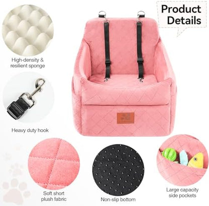Dog Car Seat for Small/Medium Dogs, Dog Booster Car Seats with Thick Cushion for Dogs Under 35lbs, Detachable Washable Pet Bed with Storage Pockets, 2 Safety Belts (Pink) - Image 3