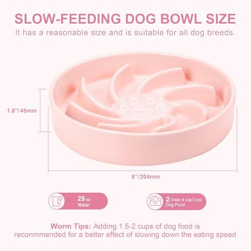 Ceramic Slow Feeder Dog Bowl, 3 Cup Dog Food or 25oz Water, Slow Eating Bowl for Middle Breed, Maze Puzzle Feeder for Fast Eaters, Anti-Choking Stop Bloat, Non-Slip BPA Free (Pink) - Image 2