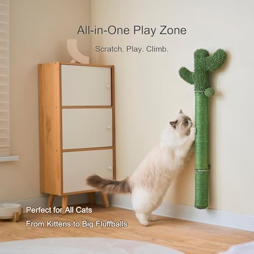 Wall Mounted Cat Scratcher, 35” Extra-Tall Vertical Sisal Scratching Post for Large Cats, Space-Saving Wall Cat Scratcher with Hanging Ball Toy, Cactus Design, Green - Image 4