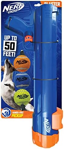 Nerf Dog Large Size Tennis Ball Blaster Dog Toy, Great for Fetch, Hands-Free Reload, Launches up to 50 ft, Single Unit, 20in Blaster with 3 Balls in Mesh Bag, Blue/Orange, Blue, Green and Orange by GramercyProductsInc