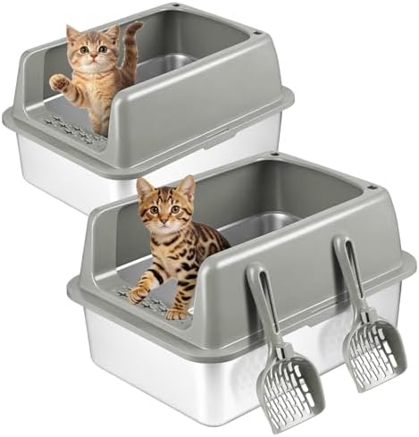 Kirecoo 2 Pack Medium Semi-Enclosed Stainless Steel Cat Litter Box with Lid by Kirecoo