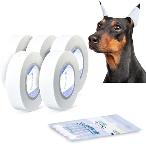 Ear Tape for Dogs 5 Pack with Dog Ear Cleaner Cotton Swabs, Self Adhesive Cotton Tape for Dog Ear Protection and Support, Ear Care Set for Dogs (Tape Width_0.5 inch(12mm)) by PETTIST