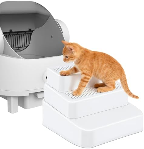 Adjustable 3 Step Litter Box Step, Cat Litter Box Ramp/Catcher White by Himake