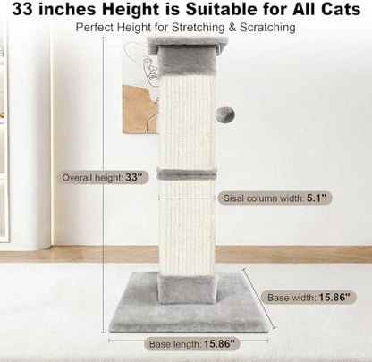 Cat Scratching Post 33 inch for Indoor Cats, Sisal Cat Scratcher, Vertical Posts with Dangling Ball, High Cat Scratch Post, Cat Tree for Full-Body Stretching, Protect Your Furniture, Light Grey - Image 2