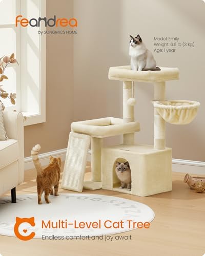 Feandrea Cat Tree, 33.8" Cat Tower Condo, Scratching Posts and Ramp, Beige - Image 2