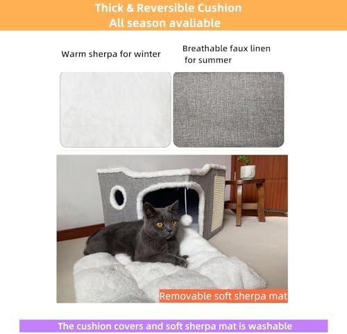 Cat Bed for Indoor Cats,Covered Cat Cave House & Furniture with Scratch Pad,Foldable Cat Hideaway Hut Cute Cat Condo with Soft Washable Mat for Multi Small Pet Under 30 lbs,Light Grey - Image 4