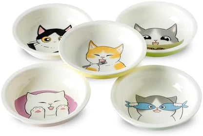 Ceramic Cat Bowls Set - 5.7 inch Wide Cat Food Bowl Whisker Fatigue Friendly, 5 Colorful Kitten Dish Plates with Cute Pattern for Wet and Dry Food Water and Small Pet - Image 2