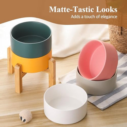 Ceramic Elevated Dog Bowl with Bamboo Stand, for Small & Medium Dog, Pink - Image 6