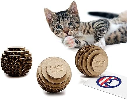 Cat Ball Toys by Americat – Made in USA – Safe Cardboard Cat Toys – for Interactive and Independent Play, Exercise & Stress Relief for All Breeds & Ages (Pack of 3 Round Balls) by AmericatCompany