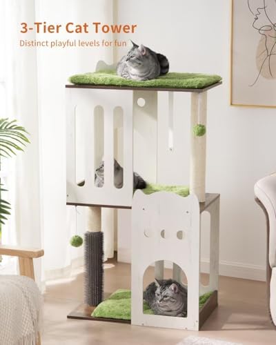 FourFurPets 43.7in 3-Tier Modern Cat Tree Tower Condo, Cat Scratch Posts for Indoor Cats, Big Plate, Two 19.7in Full Sisal Scratching Posts, White - Image 2