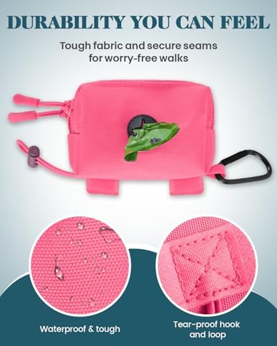 Dog Poop Bag Holder for Leashes, Pink Doggie Waste Bag Dispenser and Treat Holder, with Carabiner Hook and Poop Bag Clip, Used Waterproof Wear-Resistant Fabric and 2 Zippered Pouches for Walking - Image 3