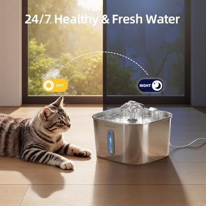 SARPAWS Cat Water Fountain Stainless Steel：74oz/2.2L Water Fountains for Cats Indoor, Cat Fountains for Drinking, Ultra-Quiet, Water Level Window, Pet Water Fountain - 2 Filters + 2 Sponges - Image 3