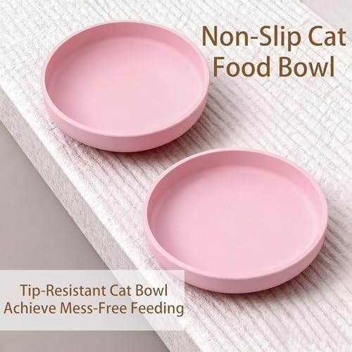 2 Pcs Silicone Cat Bowls 7″ Flat Dog Bowls Non-Slip Shallow Puppy Plates Relief Whisker Fatigue Pet Dishes Set for Dry ＆ Wet Food, Pink - Image 2