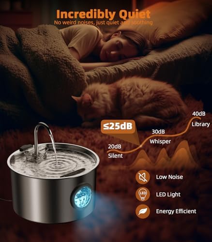 108oz/3.2L Stainless Steel Cat Water Fountain with Detachable Tank, Easy to Clean & Assemble, Pet Drinking Dispenser with Quiet Operation & LED Light, Gifts for Cats, Dogs and Small Pets - Image 4
