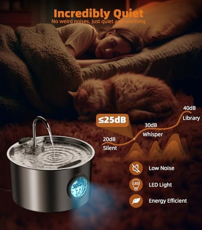 108oz/3.2L Stainless Steel Cat Water Fountain with Detachable Tank, Easy to Clean & Assemble, Pet Drinking Dispenser with Quiet Operation & LED Light, Gifts for Cats, Dogs and Small Pets - Image 4