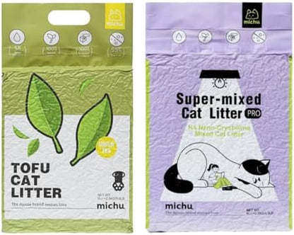 Michu Tofu Cat Litter Natural Clumping Tofu Cat Litter 5.5lb/88oz 5 Scents (Greentea + Mixed, 2 Pack) by Michupet