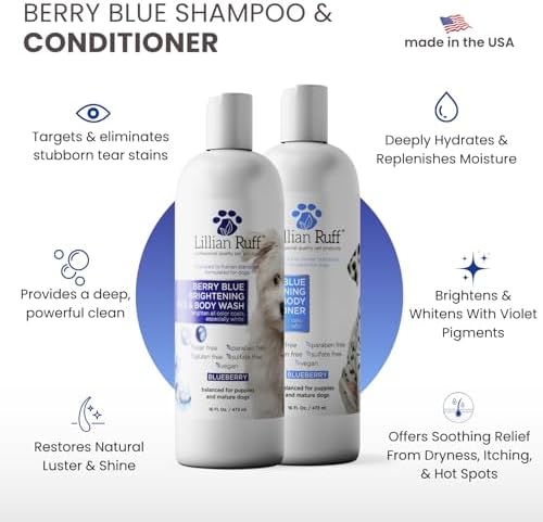 Lillian Ruff PRO Formula Berry Blue Brightening Dog Shampoo & Conditioner Set - Professional Show-Quality Whitening, Stain & Odor Eliminator, Hydrating Relief for Dry Skin, ProVitamin B5, USA Made - Image 2