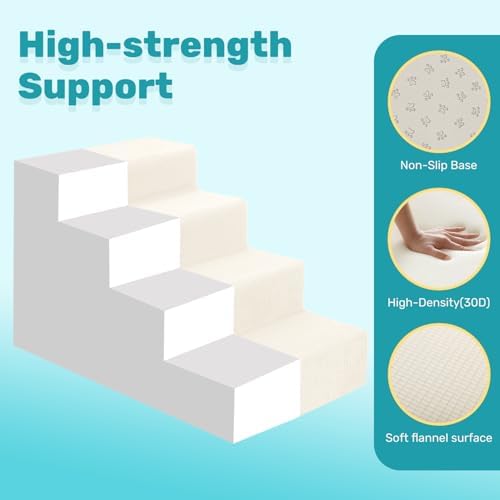 Dog Stairs for Bed, Extra Wide 4-Step Dog Steps for High Bed, High-Density Foam Pet Stairs with Non-Slip Removable Washable Cover for Small Pets, 18" H, Beige - Image 3