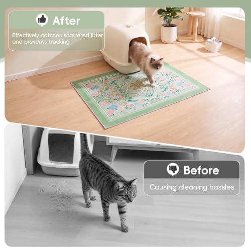 Bienbee Cat Litter Mat, 2PCS 28"x20" Machine Washable Litters Box Mats Non-Slip &Waterproof Cat Litters Trapping Mats Easy to Clean Mat for Litter Box Less Waste Protects Floors Bean Green Mandala M - Image 2