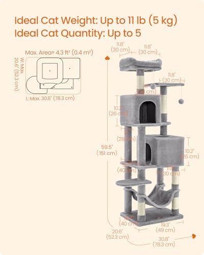Feandrea Cat Tree, 59.5-Inch Tall Cat Tower, Multi-Level Condo, Light Gray - Image 5