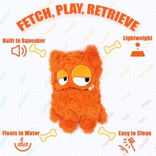 Monster Stuffed Squeaky Dog Toy, Crinkle Dog Plush Toy, Orange - Image 3