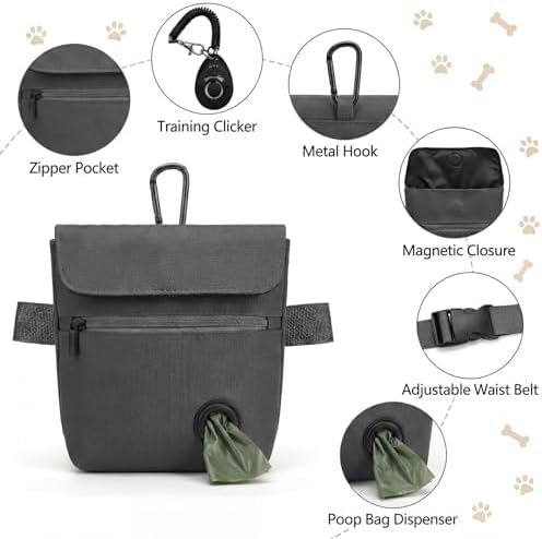 Dog Treat Pouch and Dog Training Clicker, Treat Bag with Poop Bag Dispenser, Powerful Magnetic Clasp, Metal Clip Waist Belt Fanny Pack for Pet Walk Dog Training (Dark Grey) - Image 2
