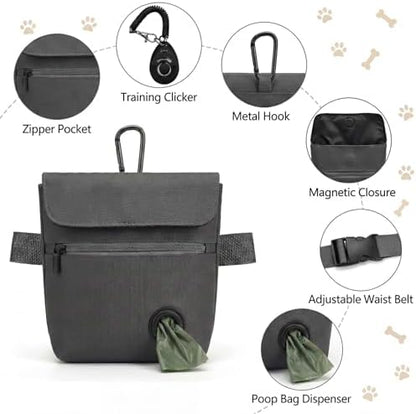 Dog Treat Pouch and Dog Training Clicker, Treat Bag with Poop Bag Dispenser, Powerful Magnetic Clasp, Metal Clip Waist Belt Fanny Pack for Pet Walk Dog Training (Dark Grey) - Image 2