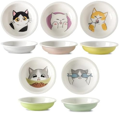 Ceramic Cat Bowls Set - 5.7 inch Wide Cat Food Bowl Whisker Fatigue Friendly, 5 Colorful Kitten Dish Plates with Cute Pattern for Wet and Dry Food Water and Small Pet by Seyatoo