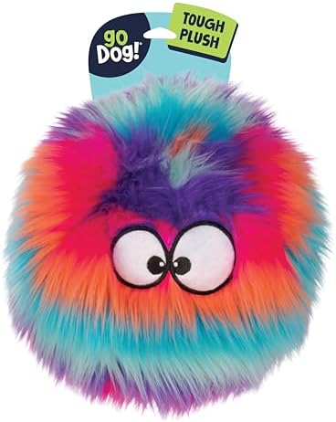 goDog Furballz Squeaky Plush Ball Dog Toy, Chew Guard Technology - Cool Rainbow, Large by goDog