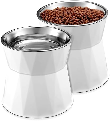 Lallisa 2 Pcs Elevated Cat Bowls Adjustable Raised Cat Feeder Non Slip Food Water with Stand Safe Stainless Steel Bowls with Pet Food Stand for Pets Feeding Eating(White) by Lallisa