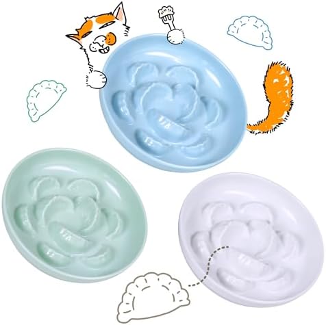Slow Feeder Bowl for Cats and Small Dogs - Set of 3 Melamine Puzzle Cat Plates for Wet & Dry Food- Whisker Friendly & Dishwasher Safe & Non Slip Design (Blue + Green +White *3, 6.3''W) by FullCharm