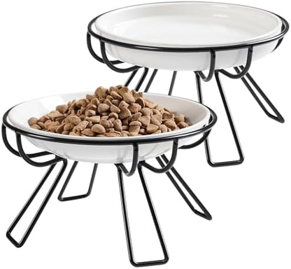Presents The Ultimate Cat Dining Set: 5.9 inch Ceramic Water Bowl and Whisker-Friendly and Anti-Vomiting Plates.Elevated Bowl, Raised Ceramic Dish with Metal Stand by Wellbro