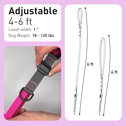 Cross Body Dog Leash - Waist or Shoulder Leash for Walking and Hiking with Medium and Large Dogs, Adjustable 4 to 6 FT Outdoor Bungee Lead with Traffic Handle by Nuvuq (18-120 lbs, Pink) - Image 2
