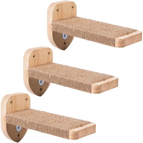 3pcs Cat Wall Steps, Climbing Mounted Furniture, Shelves With Hemp Rope Covered, Solid Wood Ladder for Playing and Climbing (Large-Wood) by CoolEx