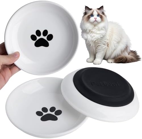 Cat Food Bowl Set of 3,Ceramic Cat Bowls,Anti Whisker Fatigue Cats Bowl Set,5.9 Inches Shallow Wide Kitten Plates with Silicone Base for Wet/Dry Food,Indoor Pets(Paw) by KITCHENLESTARaddsmorebeautifulcolourstoyourlife