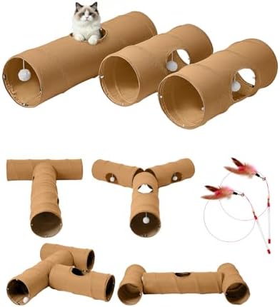 Cat Tunnel, 3 Straight Shaped Tunnels 6 DIY Shapes with Wand Toys, No Noise Scratch Resistant Cool Linen Fabric, Interactive Pet Tunnel Tube for Indoor Cats, Puppy and Rabbits by Odoland