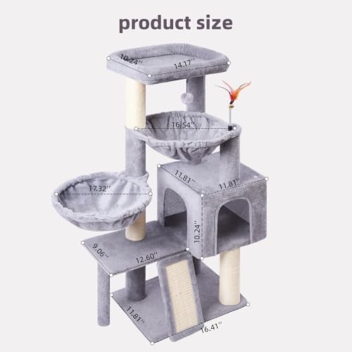 Cat Tree with Cat Condo and Two Hammocks, Cat Tree with Scratching Posts and Scratching Pads, Cat Tower for Indoor Cats, Activity Centre Climbing Tree with Playful Toy Balls, Grey - Image 2