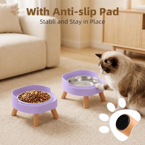 Elevated Cat Bowls, 2P Raised Cat Food and Water Bowl Set for Indoor Cats, Splash Proof with 2 Stainless Steel Food Bowls for Cats ＆ Puppies, Whisker Friendly and Dishwasher Safe - Purple - Image 4