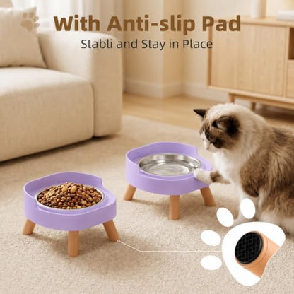 Elevated Cat Bowls, 2P Raised Cat Food and Water Bowl Set for Indoor Cats, Splash Proof with 2 Stainless Steel Food Bowls for Cats ＆ Puppies, Whisker Friendly and Dishwasher Safe - Purple - Image 4