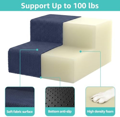 YENING Large Dog Stairs for High Beds - Extra Wide Pet Steps for Large Dogs to Get on Tall Bed 3 Deep Step Cat Ramp for Couch 2 Steps Navy Blue - Image 3