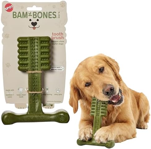 SPOT Bam-Bones Plus Toothbrush Dog Chew Toy for Large Dogs 60-90 lbs, Bamboo & Nylon Dental Chew with Mint & Baking Soda, T-Bone Shape for Moderate to Heavy Chewers, 7 Inch by SPOT
