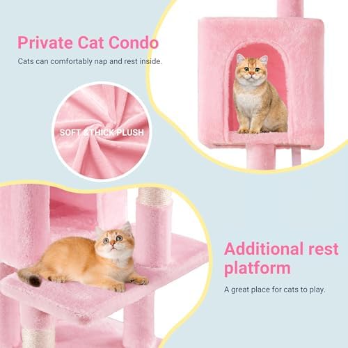 Allewie 29 Inches Cat Tree Tower/Plush Perches Platform/Condo/House/Sisal Scratching Posts/Multi-Level Activity Center Furniture for Kittens/Pink - Image 6